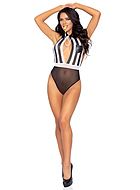 Female sports referee, teddy costume, open back, collar, keyhole, vertical stripes